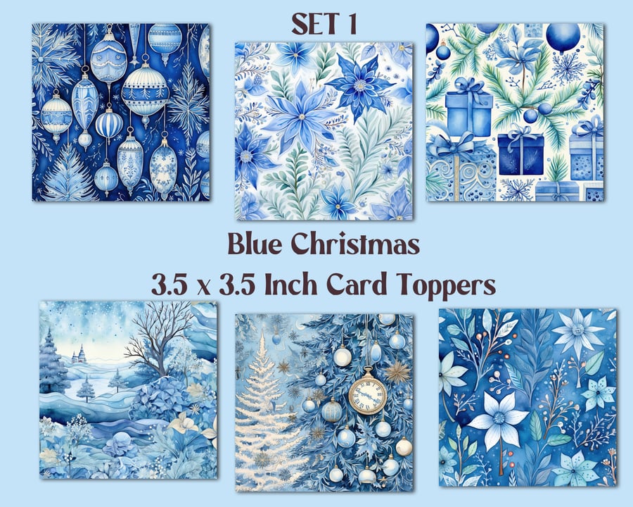Blue Christmas Square Card Toppers for Card Making, Journals, Tags, Scrapbooking