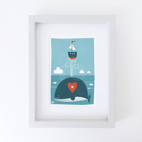Whale Of A Time, whale with sailing boat illustration, Giclee print