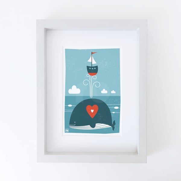 Whale Of A Time, whale with sailing boat illustration, Giclee print