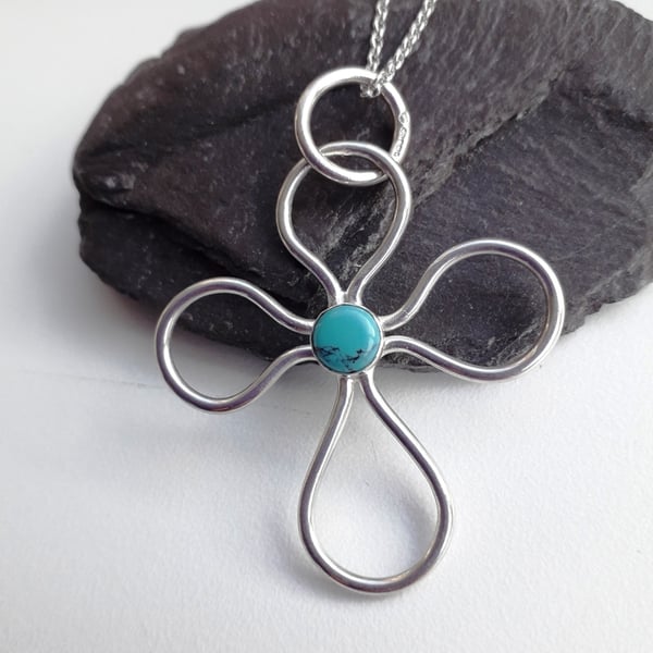 Large Outline cross pendant with Turquoise sterling silver Hallmarked