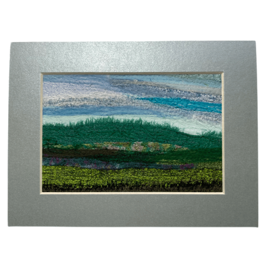 Silk and wool needle felted textile art picture, landscape, 8"x6" mounted