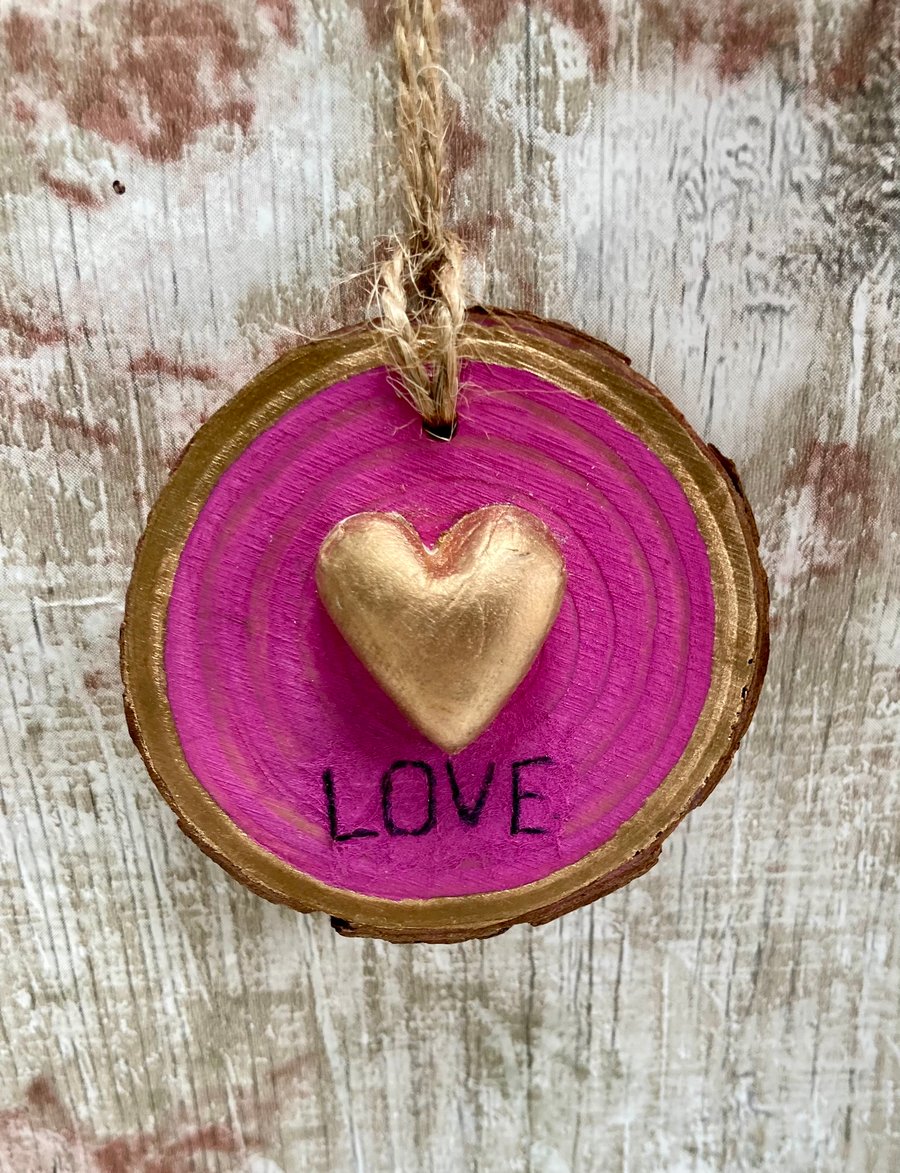 Gold & Pink Clay Heart & Love Wood Slice Hanging Decoration Hand Crafted Gift 
