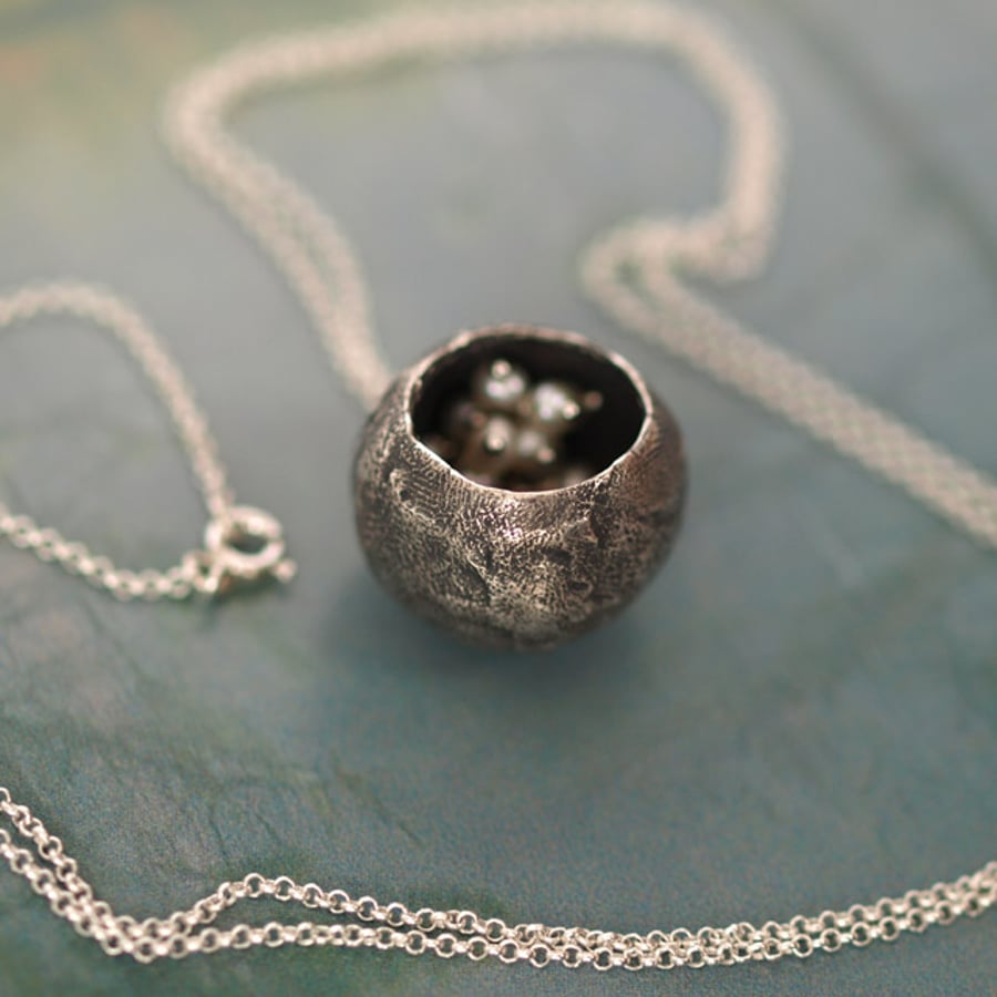 Silver Cavern Pendant - handmade oxidized silver and pearl necklace