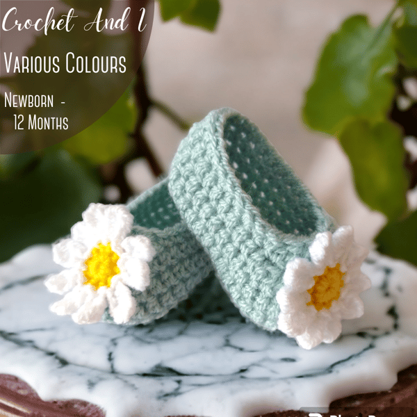 Floral Crochet Baby Slipper Shoes in Duck Egg, Pregnancy Announcement Idea