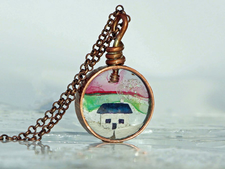 Copper Resin Bothy Cottage Northern Lights Winter Pendant Necklace