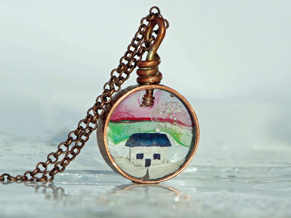 Copper Resin Bothy Cottage Northern Lights Winter Pendant Necklace
