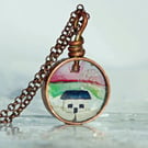 Copper Resin Bothy Cottage Northern Lights Winter Pendant Necklace