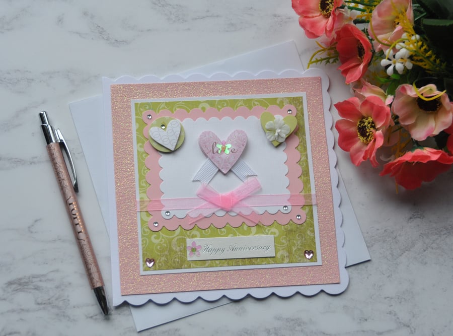 Happy Anniversary Card With Love Hearts Glitter Free Post 3D Luxury Handmade