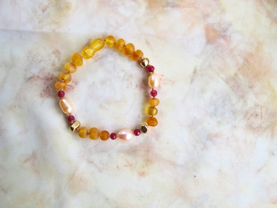"Ivy" Bracelet: Raw Amber and Pearls Adorned with Splashes of Ruby and Hematite