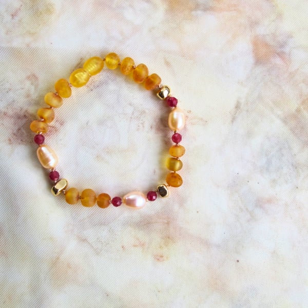 "Ivy" Bracelet: Raw Amber and Pearls Adorned with Splashes of Ruby and Hematite