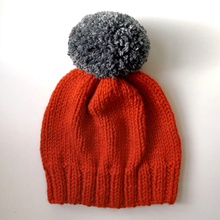 Bobble Hat in Burnt Orange Chunky Yarn with Grey Pom Pom