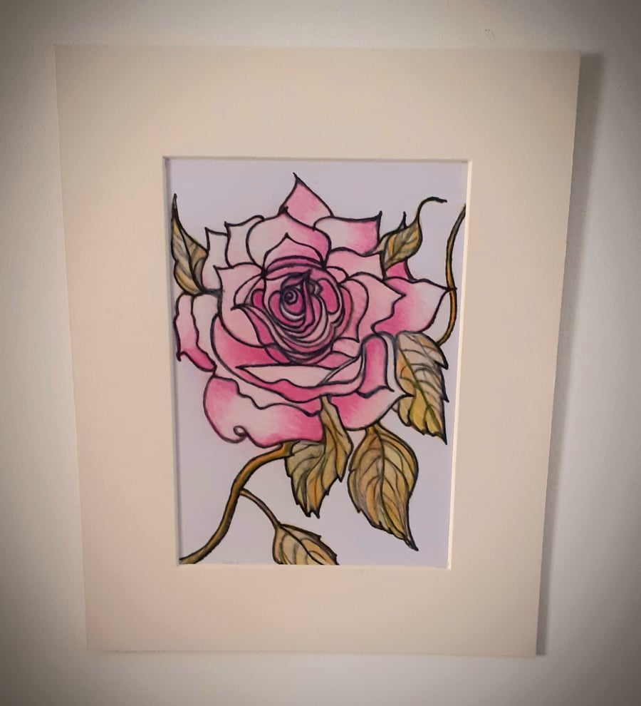 Pink rose mounted original coloured pencil  drawing 