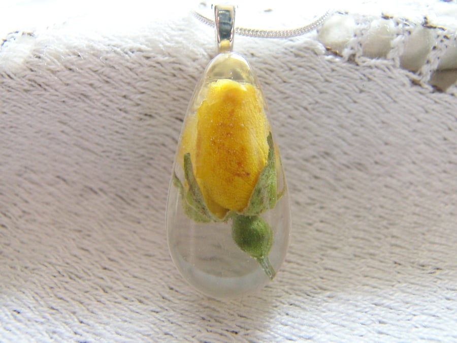 Real Yellow Rose Bud Teardrop Necklace in Resin - YELLOW ROSE