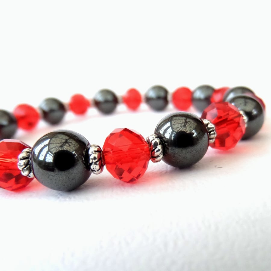 Hematite and red crystal stretchy handmade bracelet
