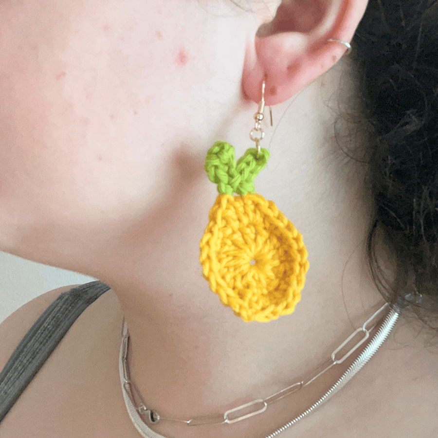 Handmade crochet whole lemon earrings - Free postage