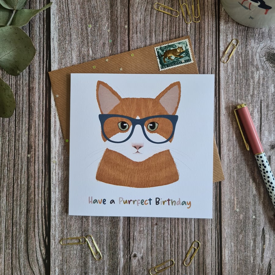 Ginger & White Cat Birthday Card, Cat lovers, Animal card