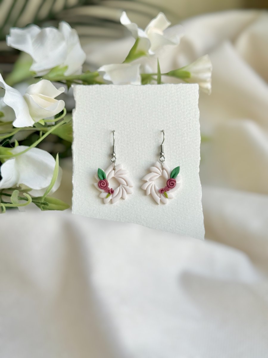 Floral Polymer Clay Earrings - Delicate Rose Botanical Drops