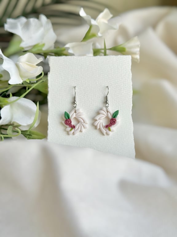 Floral Polymer Clay Earrings - Delicate Rose Botanical Drops