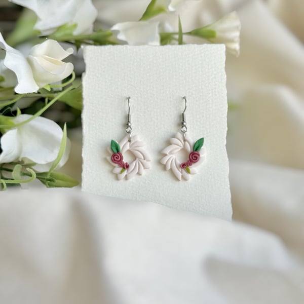 Floral Polymer Clay Earrings - Delicate Rose Botanical Drops
