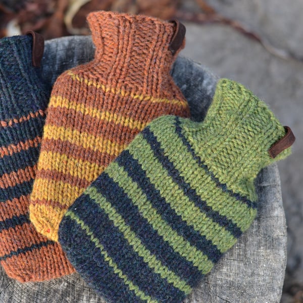 Hand knit hot water bottle cosy - stripe design - wool - camping, wild swimming