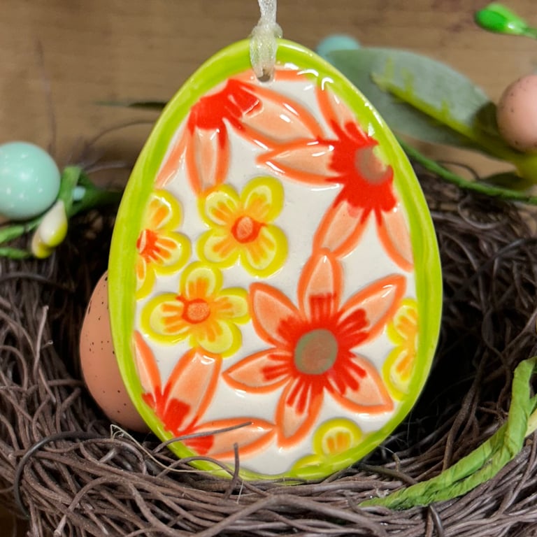 Perfectly Imperfect Pottery Easter Egg decoration with orange flowers