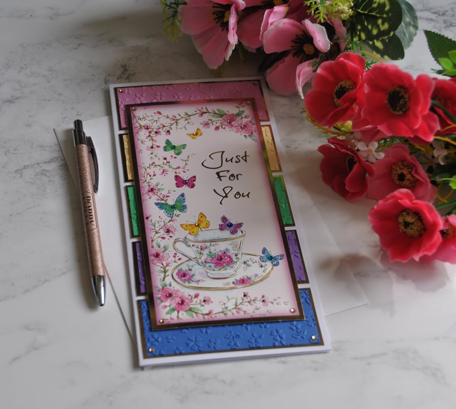 Vintage Floral Teacup Butterflies Flowers Just For You 3D Luxury Handmade Card 