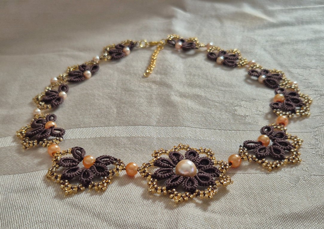 Handmade Brown Lace Necklace – Tatted Pearl & Gold Beaded Jewellery
