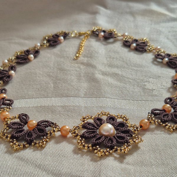 Handmade Brown Lace Necklace – Tatted Pearl & Gold Beaded Jewellery