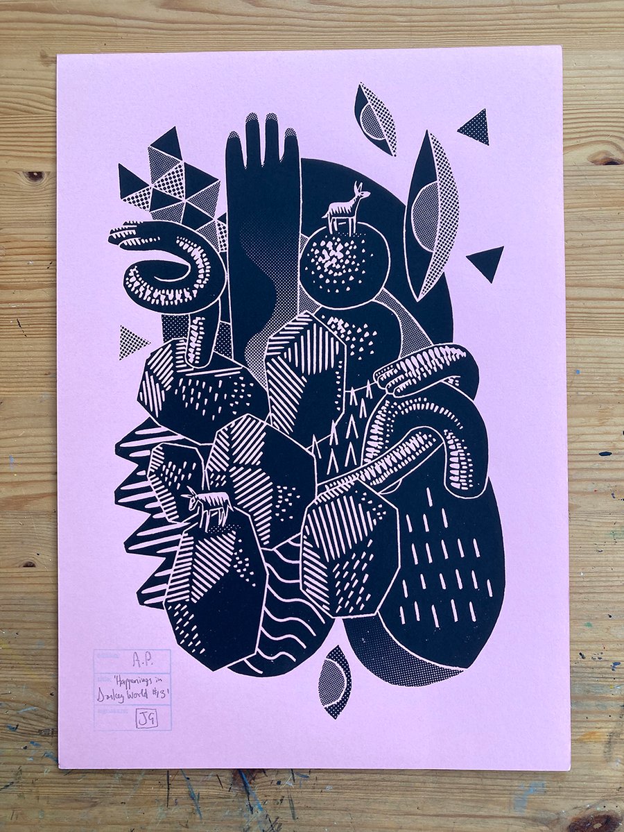 Happenings in Donkey World No.13 A3 linocut screen-print (on light pink paper)