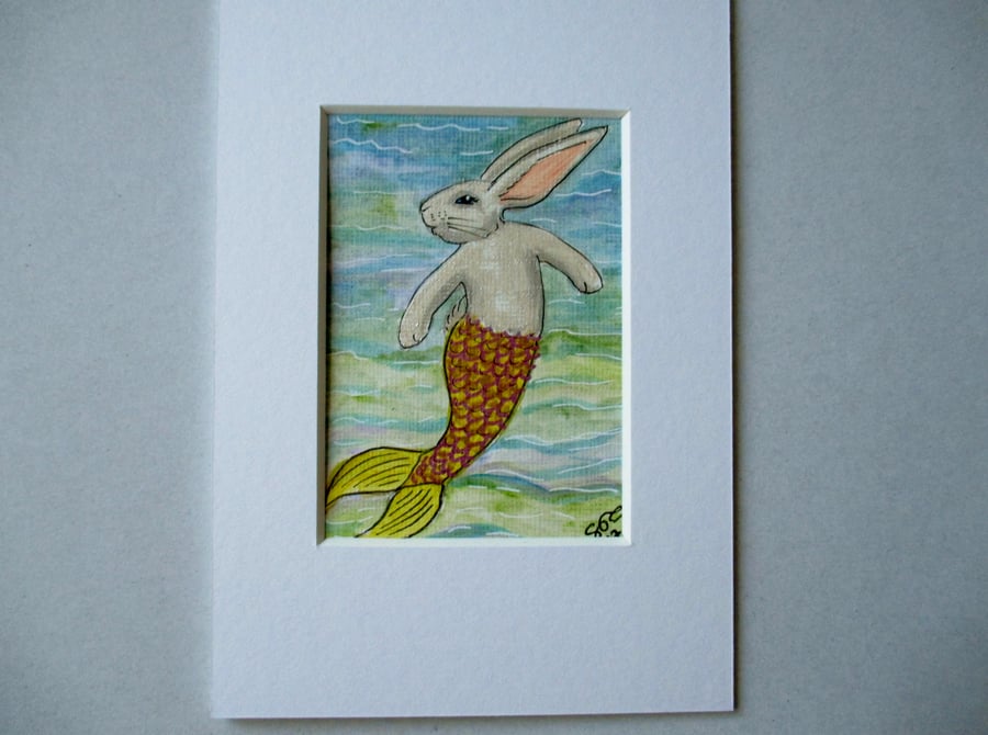 SALE Merbunny Mermaid Bunny Rabbit ACEO original miniature painting in mount