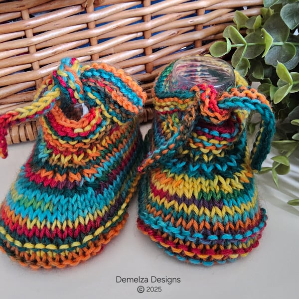 Designer Tie Hand Knitted Baby Shoes with 75% Merino Wool  3-6 months size