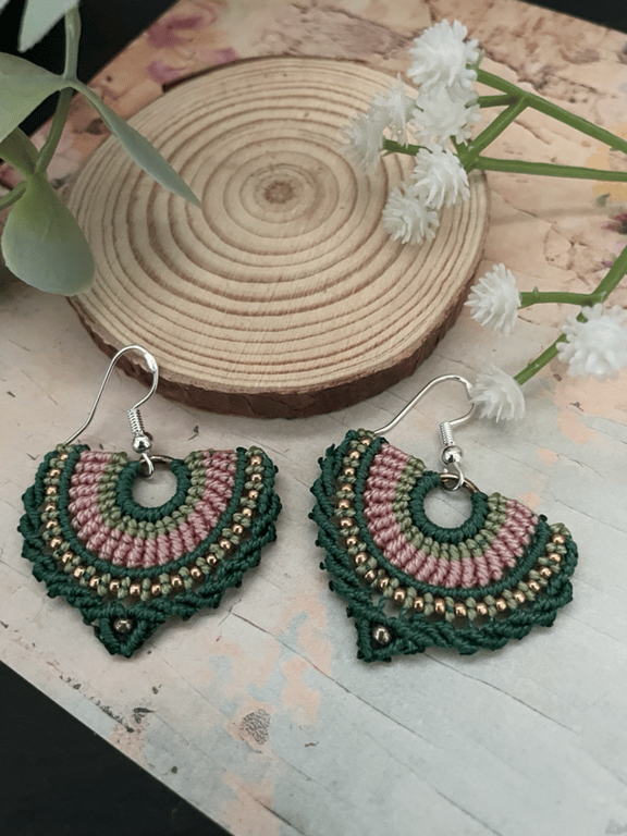 Earrings, beaded boho festival fan design micro macrame dangle earrings, summer 