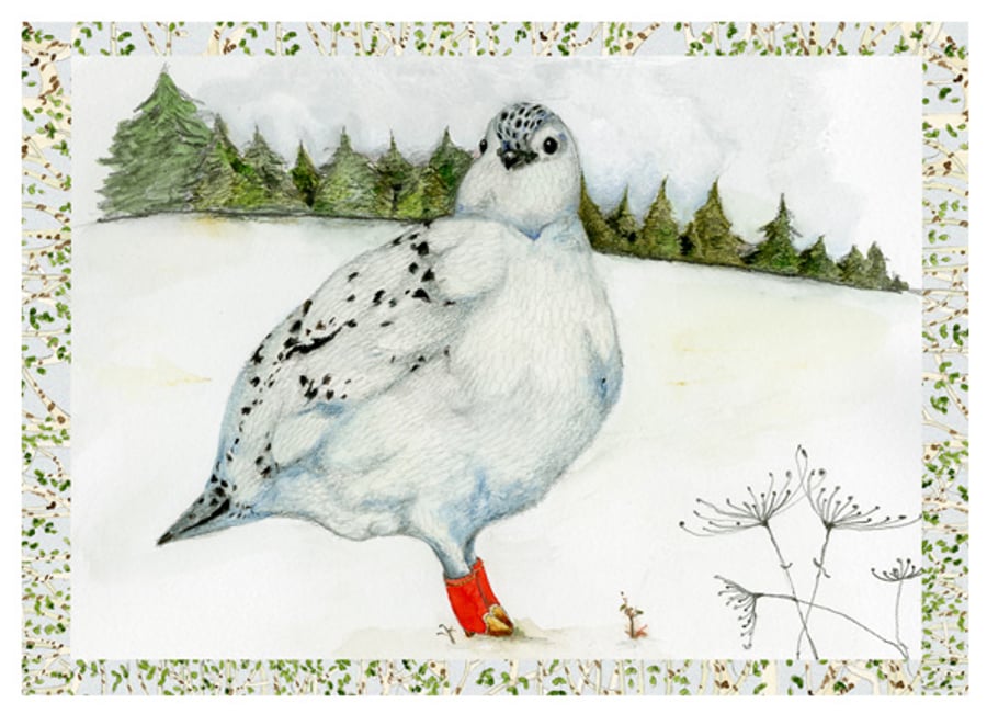Bird Print A4 Giclee Ptarmigan Bird in Winter landscape 8x11