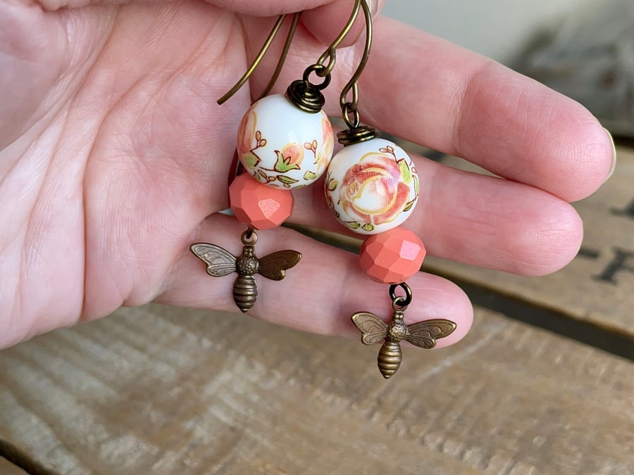 Brass Bumble Bee Earrings. Coral Peach Earrings. Nature Inspired Earrings
