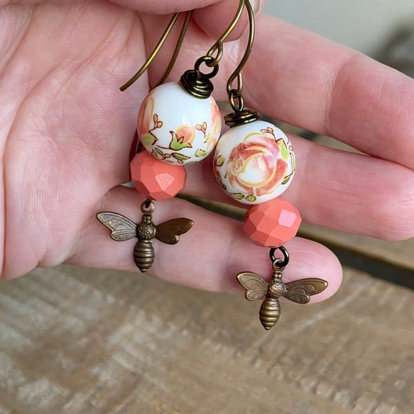 Brass Bumble Bee Earrings. Coral Peach Earrings. Nature Inspired Earrings