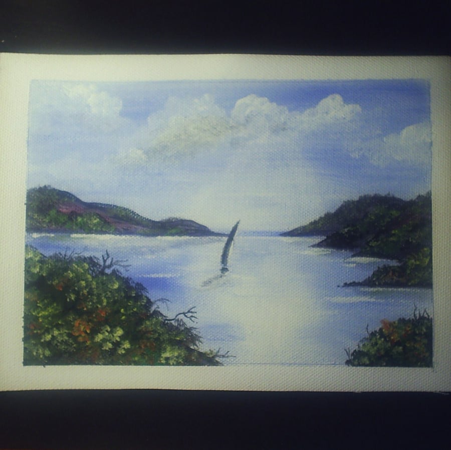 sail boat river acrylic painting art seascape landscape 7x5" ref 005