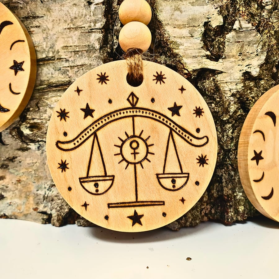 Libra Zodiac Star Sign Wooden Keyring, Celestial Gift, Pyrography, Astrology