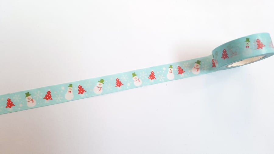 1 x 10m Roll Adhesive Craft Washi Tape - 15mm - Snowman & Trees - Pale Blue 