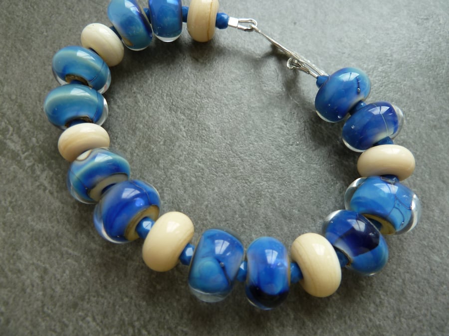 sterling silver, blue lampwork glass bracelet