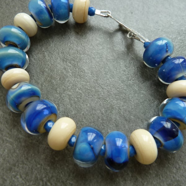 sterling silver, blue lampwork glass bracelet