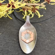 Upcycled teaspoon pendant with copper honeycomb & silver bee accent