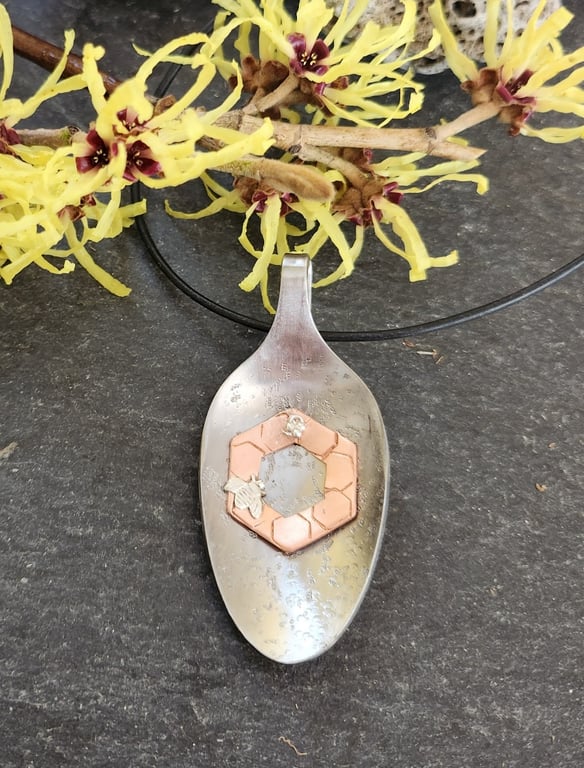 Upcycled teaspoon pendant with copper honeycomb & silver bee accent