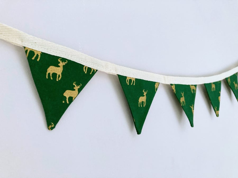Gold reindeer on Green double sided cotton fabric mini bunting. Christmas decor.