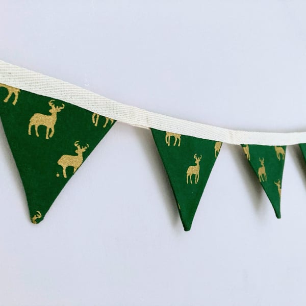 Gold reindeer on Green double sided cotton fabric mini bunting. Christmas decor.