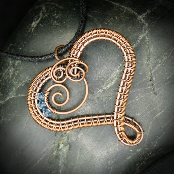 March Copper Heart Birthstone Pendant - Aquamarine Swarovski Crystal Beads
