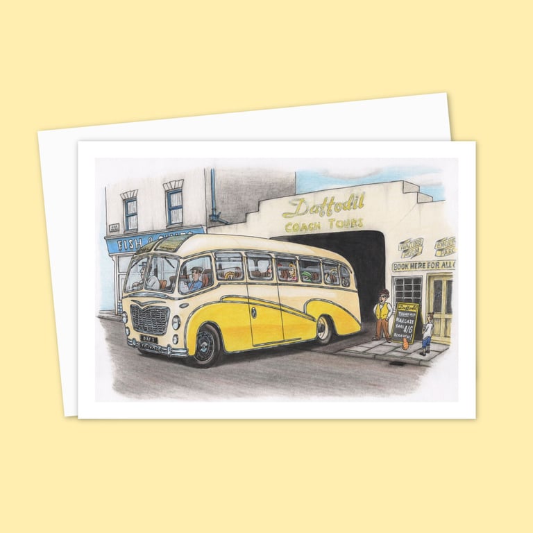 Vintage Coach Trip Greeting Card: Hand Drawn Nostalgic Art (326)