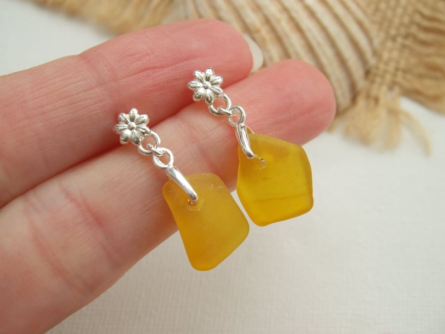 Yellow sea glass earring, yellow beach glass earrings, flower studs sterling