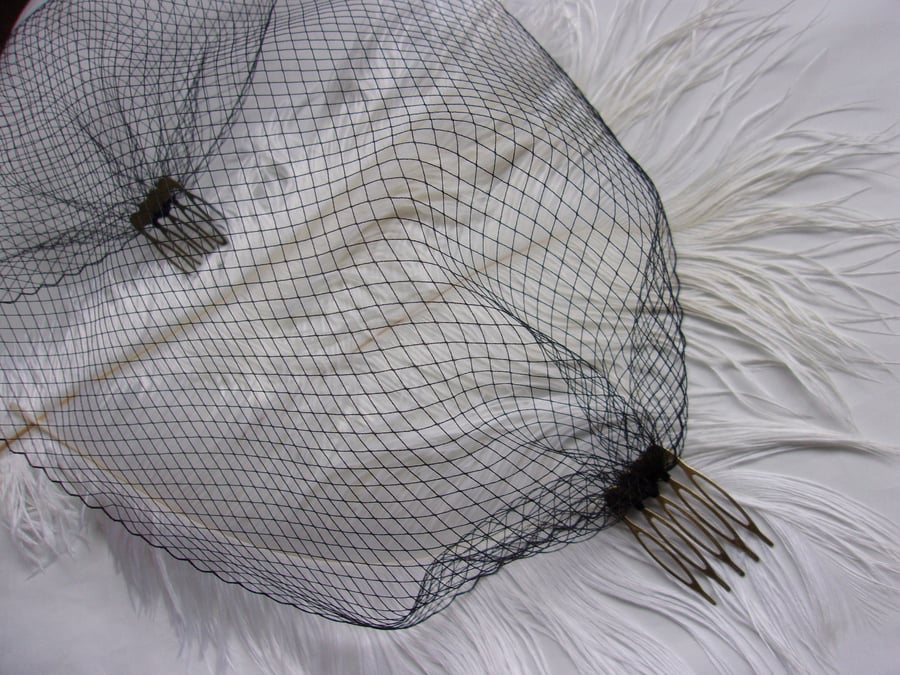 Black Fine Fishnet Veil - Rare Vintage Blusher Birdcage Bandeau Veils with Combs