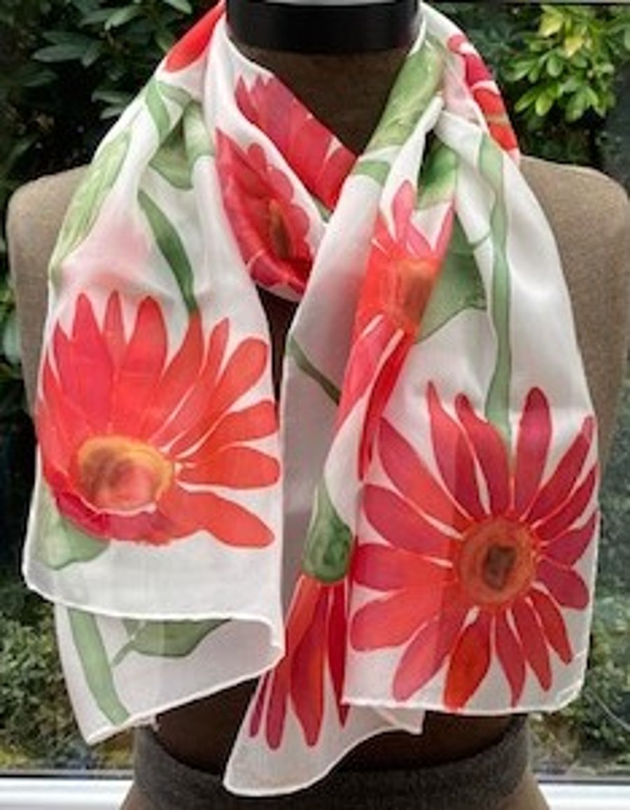 Red Daisies  hand painted silk scarf. Floral silk scarf