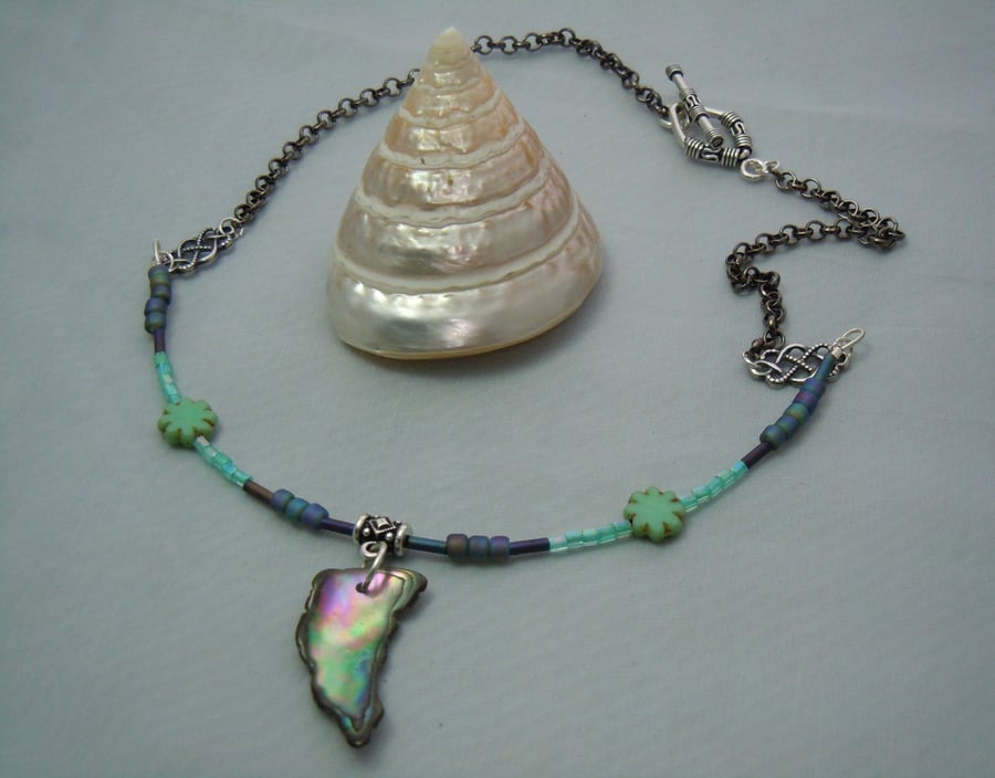 Abalone shell necklace pendant & Czech glass beads